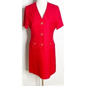 VTG Louis Feraud Short Sleeve Gold Buttons Red Drop Waist Dress Size 8‎